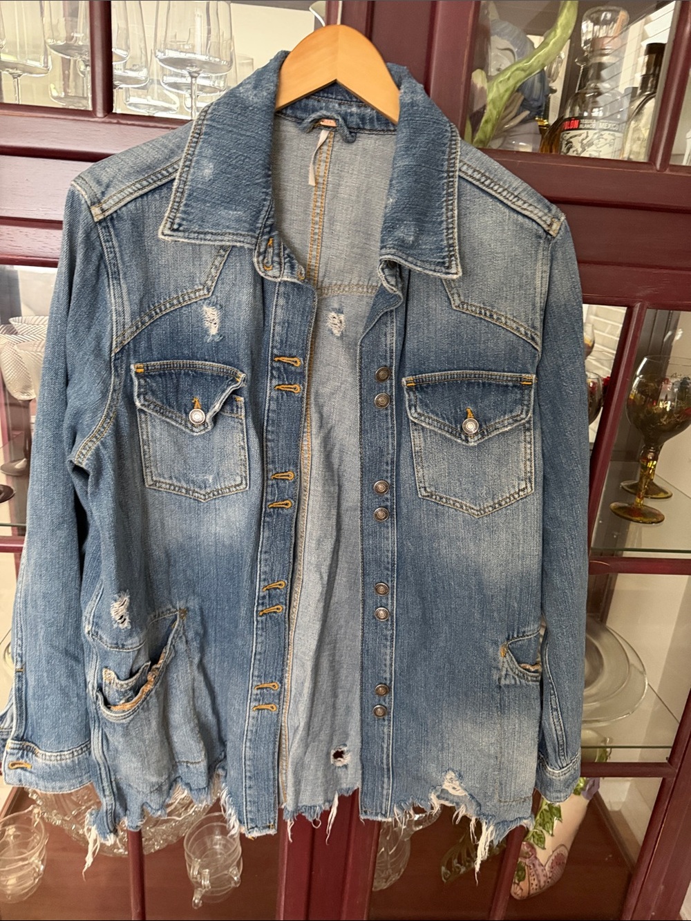 Free People Distressed Light Blue Denim Jacket